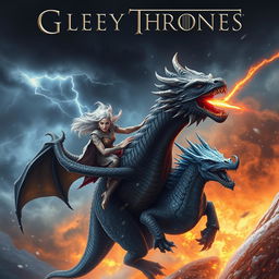 A dramatic fantasy poster depicting Daenerys Targaryen riding her fierce dragon, Drogon, soaring into battle against the menacing Night King who is riding his undead dragon