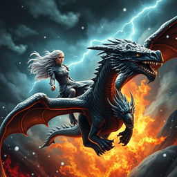 A dramatic fantasy poster depicting Daenerys Targaryen riding her fierce dragon, Drogon, soaring into battle against the menacing Night King who is riding his undead dragon