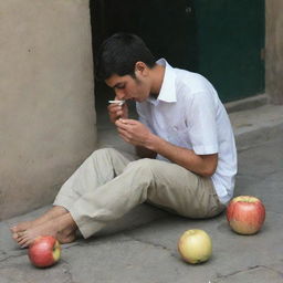 An Iranian teenager stubbing out a cigarette under his foot and biting into an apple.