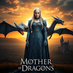 A striking fantasy poster featuring Daenerys Targaryen, known as the Mother of Dragons, standing proudly with her three majestic dragons: Drogon, Rhaegal, and Viserion