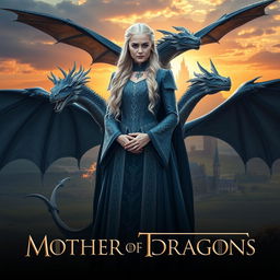 A striking fantasy poster featuring Daenerys Targaryen, known as the Mother of Dragons, standing proudly with her three majestic dragons: Drogon, Rhaegal, and Viserion