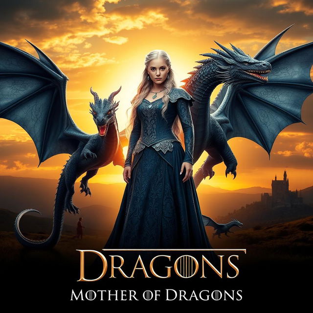 A striking fantasy poster featuring Daenerys Targaryen, known as the Mother of Dragons, standing proudly with her three majestic dragons: Drogon, Rhaegal, and Viserion