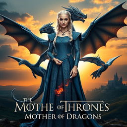 A striking fantasy poster featuring Daenerys Targaryen, known as the Mother of Dragons, standing proudly with her three majestic dragons: Drogon, Rhaegal, and Viserion