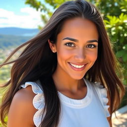 A beautiful Mediterranean brunette woman aged 25, showcasing her radiant tanned skin and long, flowing hair