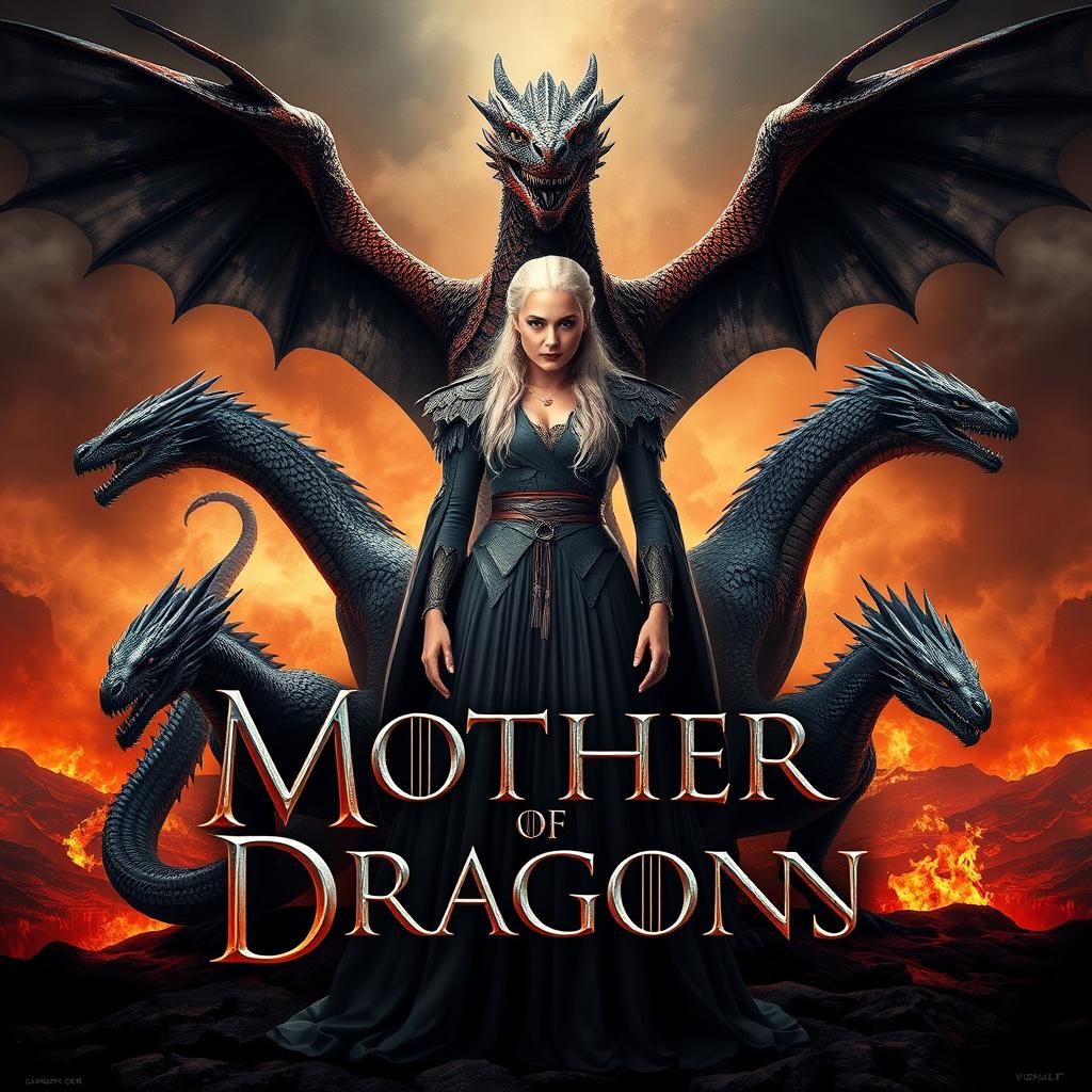 A striking fantasy poster featuring Daenerys Targaryen, also known as the Mother of Dragons