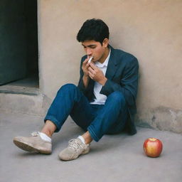 An Iranian teenager stubbing out a cigarette under his foot and biting into an apple.