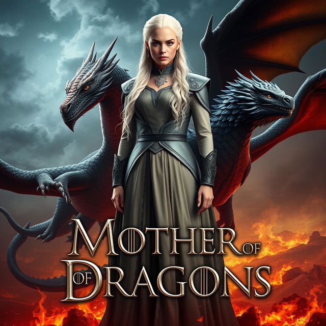 A striking fantasy poster featuring Daenerys Targaryen, also known as the Mother of Dragons