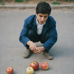 An Iranian teenager stomping out a cigarette under his foot and taking a bite from a crisp apple.