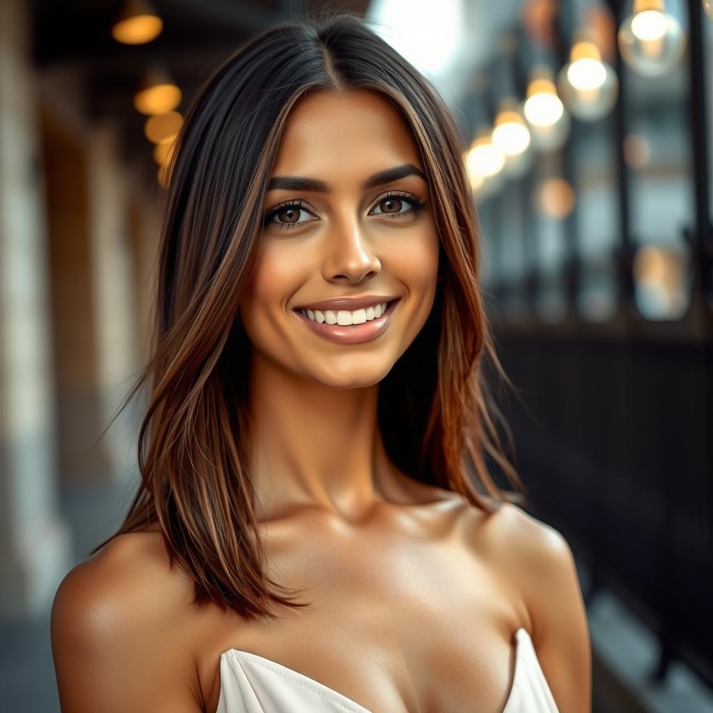 A captivating Mediterranean brunette woman aged 27, showcasing her beautiful tanned skin