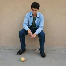 An Iranian teenager stomping out a cigarette under his foot and taking a bite from a crisp apple.