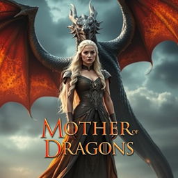 A stunning fantasy poster featuring Daenerys Targaryen, the Mother of Dragons, with her fierce dragon Drogon towering majestically behind her