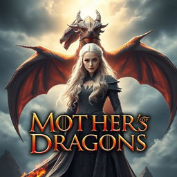 A stunning fantasy poster featuring Daenerys Targaryen, the Mother of Dragons, with her fierce dragon Drogon towering majestically behind her