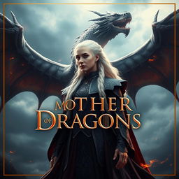 A stunning fantasy poster featuring Daenerys Targaryen, the Mother of Dragons, with her fierce dragon Drogon towering majestically behind her