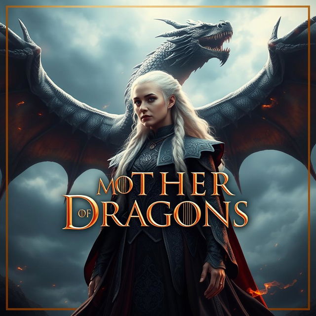 A stunning fantasy poster featuring Daenerys Targaryen, the Mother of Dragons, with her fierce dragon Drogon towering majestically behind her