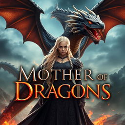 A stunning fantasy poster featuring Daenerys Targaryen, the Mother of Dragons, with her fierce dragon Drogon towering majestically behind her