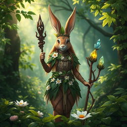 A beautiful feminine rabbit druid character, featuring intricate wood and leaf armor that blends seamlessly with the lush forest environment