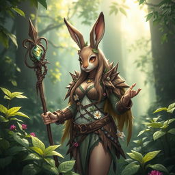 A beautiful feminine rabbit druid character, featuring intricate wood and leaf armor that blends seamlessly with the lush forest environment