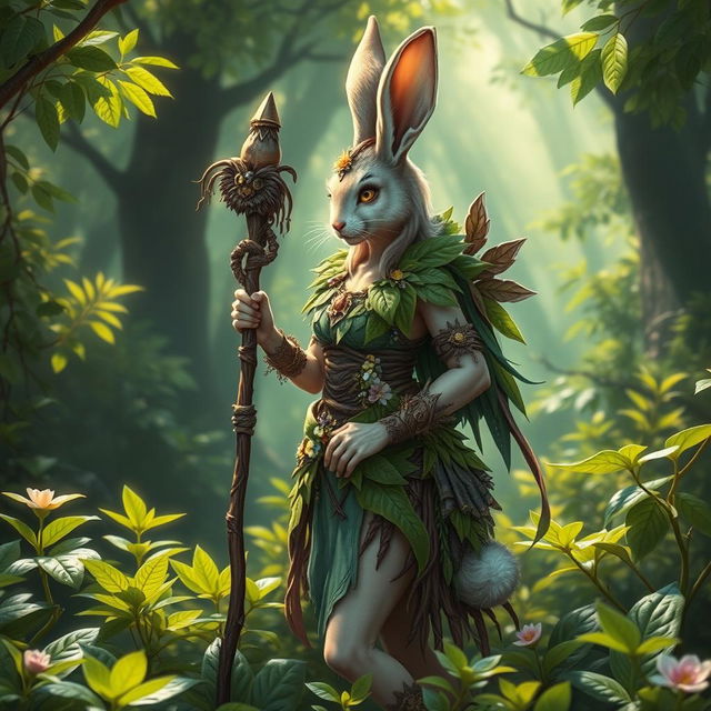 A beautiful feminine rabbit druid character, featuring intricate wood and leaf armor that blends seamlessly with the lush forest environment