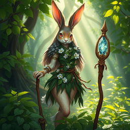 A beautiful feminine rabbit druid character, featuring intricate wood and leaf armor that blends seamlessly with the lush forest environment