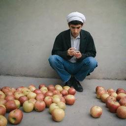 An Iranian teenager stomping out a cigarette under his foot and taking a bite from a crisp apple.