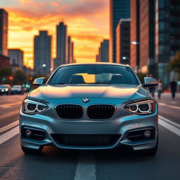 A stunning 2014 BMW 118i showcased in a dynamic cityscape during sunset