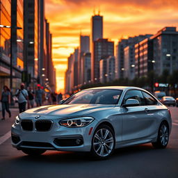 A stunning 2014 BMW 118i showcased in a dynamic cityscape during sunset