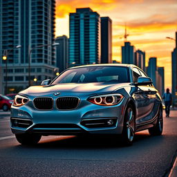 A stunning 2014 BMW 118i showcased in a dynamic cityscape during sunset