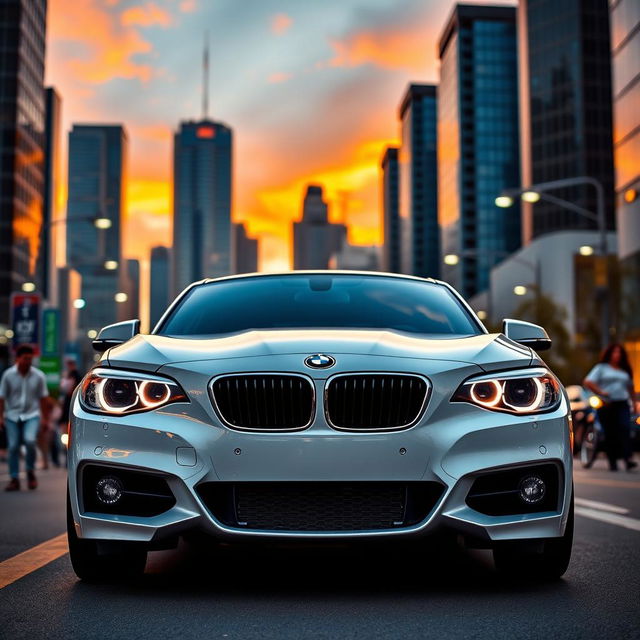 A stunning 2014 BMW 118i showcased in a dynamic cityscape during sunset