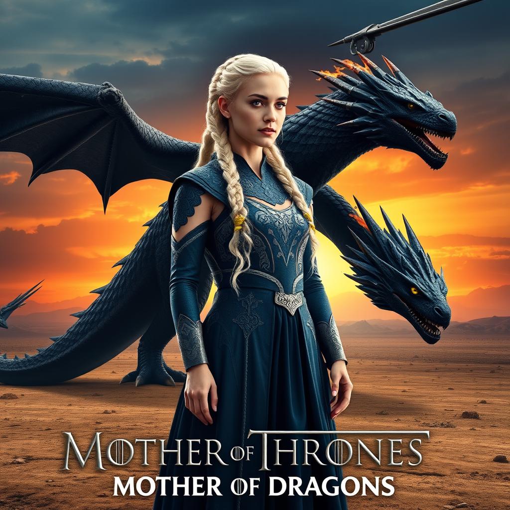 A stunning poster featuring Daenerys Targaryen, known as the Mother of Dragons, standing confidently with her eyes focused on the horizon