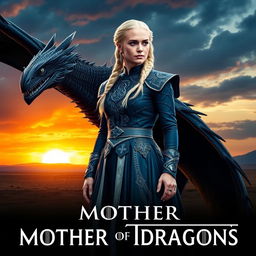 A stunning poster featuring Daenerys Targaryen, known as the Mother of Dragons, standing confidently with her eyes focused on the horizon