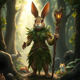 A striking rabbit druid character adorned with elaborate wood and leaf armor, showcasing the intricate craftsmanship of nature