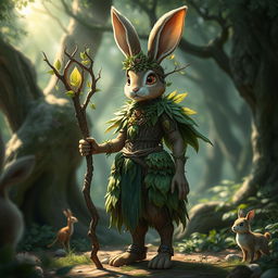 A striking rabbit druid character adorned with elaborate wood and leaf armor, showcasing the intricate craftsmanship of nature