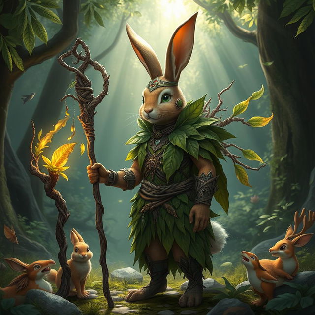 A striking rabbit druid character adorned with elaborate wood and leaf armor, showcasing the intricate craftsmanship of nature