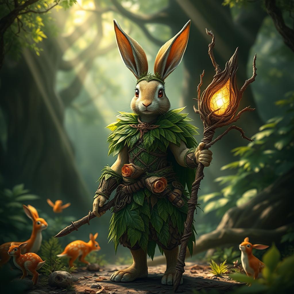 A striking rabbit druid character adorned with elaborate wood and leaf armor, showcasing the intricate craftsmanship of nature