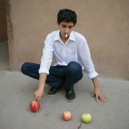 An Iranian teenager stomping out a cigarette under his foot and taking a bite from a crisp apple.