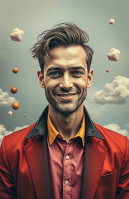 A surreal self-portrait of a man, where he is both the subject and the background, blending seamlessly into an abstract world around him