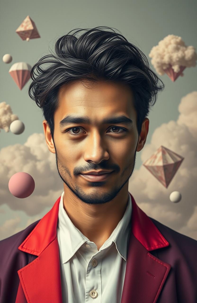 A surreal self-portrait of a man, where he is both the subject and the background, blending seamlessly into an abstract world around him