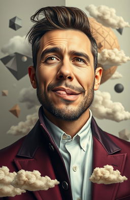 A surreal self-portrait of a man, where he is both the subject and the background, blending seamlessly into an abstract world around him