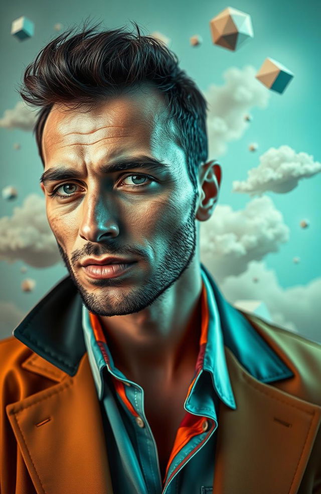 A surreal self-portrait of a man, where he is both the subject and the background, blending seamlessly into an abstract world around him