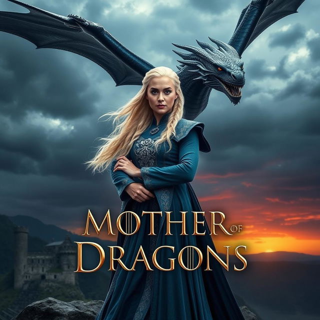 A stunning and cinematic poster featuring Daenerys Targaryen, the Mother of Dragons, standing confidently with Drogon, her fierce dragon, soaring above her