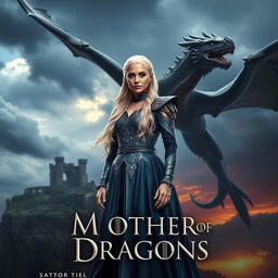 A stunning and cinematic poster featuring Daenerys Targaryen, the Mother of Dragons, standing confidently with Drogon, her fierce dragon, soaring above her