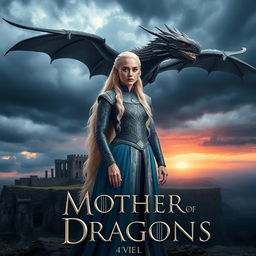 A stunning and cinematic poster featuring Daenerys Targaryen, the Mother of Dragons, standing confidently with Drogon, her fierce dragon, soaring above her