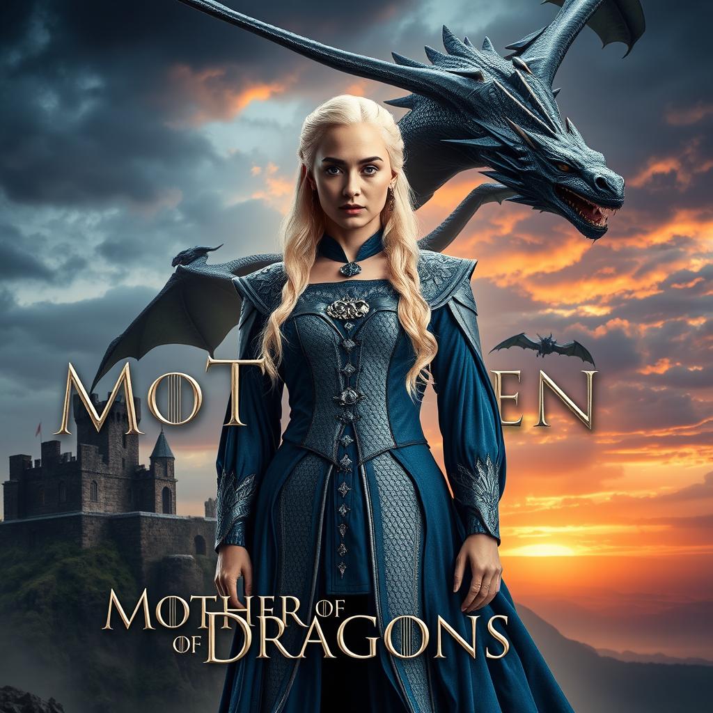 A stunning and cinematic poster featuring Daenerys Targaryen, the Mother of Dragons, standing confidently with Drogon, her fierce dragon, soaring above her