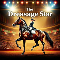 A stunning movie poster featuring a majestic dressage horse with an elegant rider, performing at a grand equestrian arena