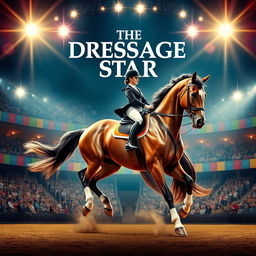 A stunning movie poster featuring a majestic dressage horse with an elegant rider, performing at a grand equestrian arena