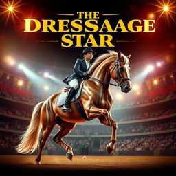 A stunning movie poster featuring a majestic dressage horse with an elegant rider, performing at a grand equestrian arena