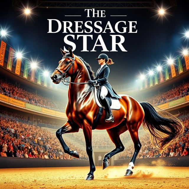 A stunning movie poster featuring a majestic dressage horse with an elegant rider, performing at a grand equestrian arena