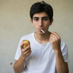 A portrait of a young Iranian teenager casually eating an apple and kicking away a cigarette.