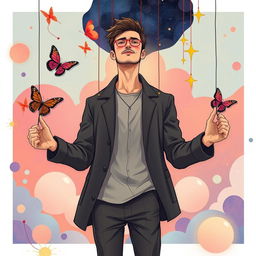 A surreal illustration of a man who embodies the concept of duality, where he is depicted both as a puppet and as the puppeteer, showcasing his intricate connection with self-control and identity