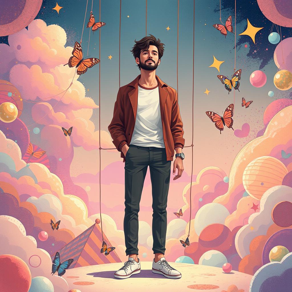 A surreal illustration of a man who embodies the concept of duality, where he is depicted both as a puppet and as the puppeteer, showcasing his intricate connection with self-control and identity